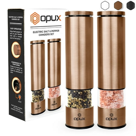OPUX Battery Operated Salt and Pepper Grinder | Automatic Pepper Mill, Electric Salt Shaker with LED Light and Bottom Cover | Corrosion Resistant Stainless Steel, Sleek Modern