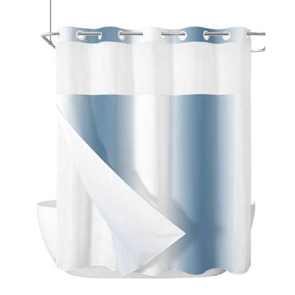 No Hook Shower Curtains with Snap-in Liner Set, Blue White Ombre Waterproof Hotel Style Bathroom Shower Curtain, Modern Abstract Art Farmhouse Gradient Mesh Top Window Bath Curtains 66''x72''