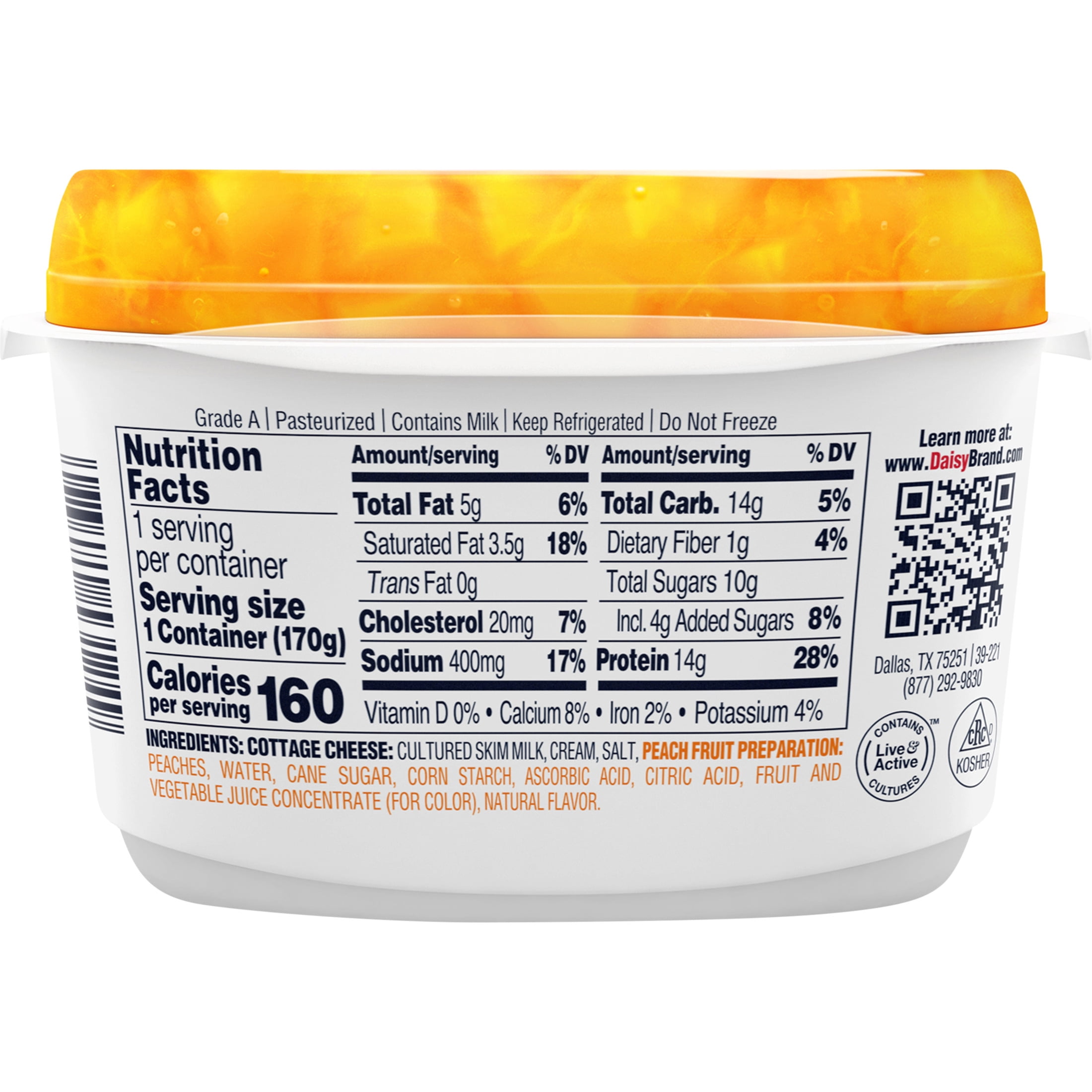 Daisy Cottage Cheese with Peach, 4% Milkfat, 6 oz Cup (Refrigerated) – 14g of Protein per Serving