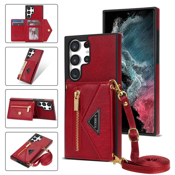 For Samsung Galaxy S25 Ultra Women Wallet Cover with Crossbody Adjustable Shoulder Strap, Zipper Premium PU Leather Magnetic Back Flip Card Pocket Phone Case For Samsung Galaxy S25 Ultra,Red