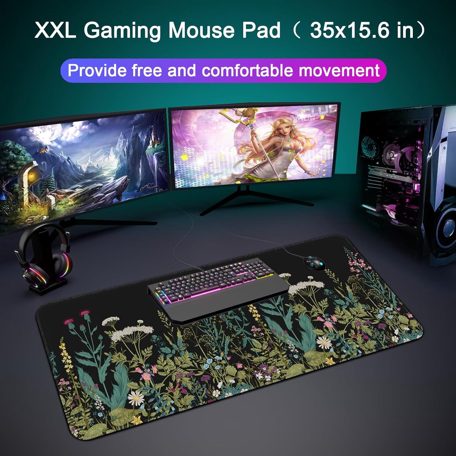 Desk Mat,Large Mouse Pad 35''×15.6'' XXL Extended Gaming Mouse Pad Mat with Non-Slip Base Stitched Eges Mousepad for Computer,Office,Keyboard and Laptop - Flowers