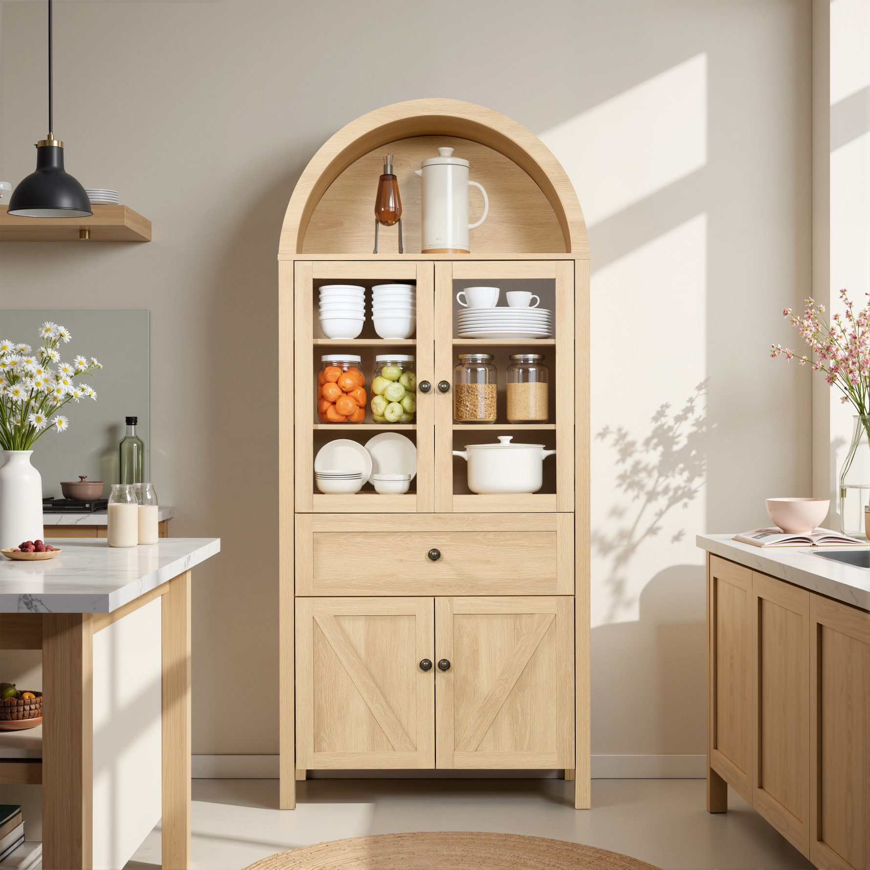 71.6" Tall Arched Pantry Cabinet with Spacious Drawer & Adjustable Shelves, Farmhouse Style Kitchen Storage for Dining Room & Living Space, Natural Finish, Anti-Tip Design
