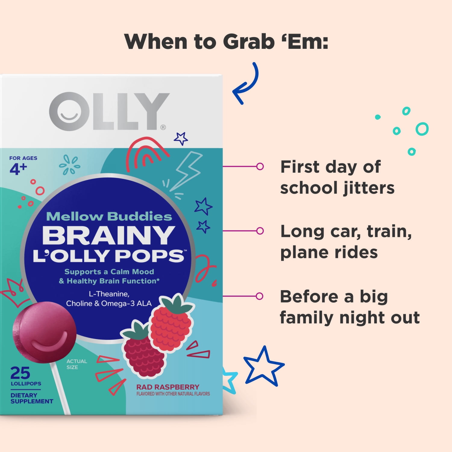 Olly Mellow Buddies Brainy L’OLLY Pops, Kids 4+, L-theanine, Choline, Omega-3, Raspberry Flavored Lollipops, 25 Ct