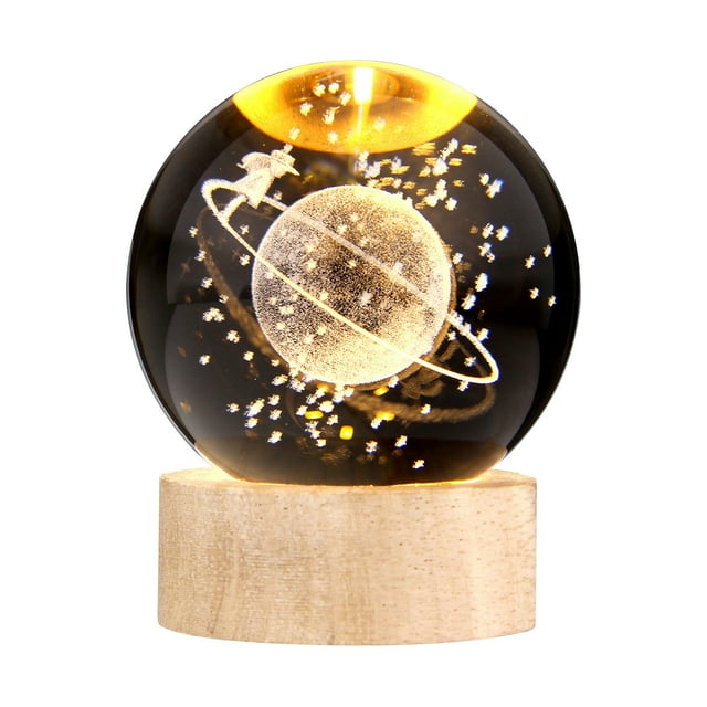 TFixol Warm Wooden Base 3D Crystal Ball Night Light with Solar System Design, USB-Powered Desktop Decor, Perfect Gift for Space Enthusiasts, 6cm Crystal & Base Set