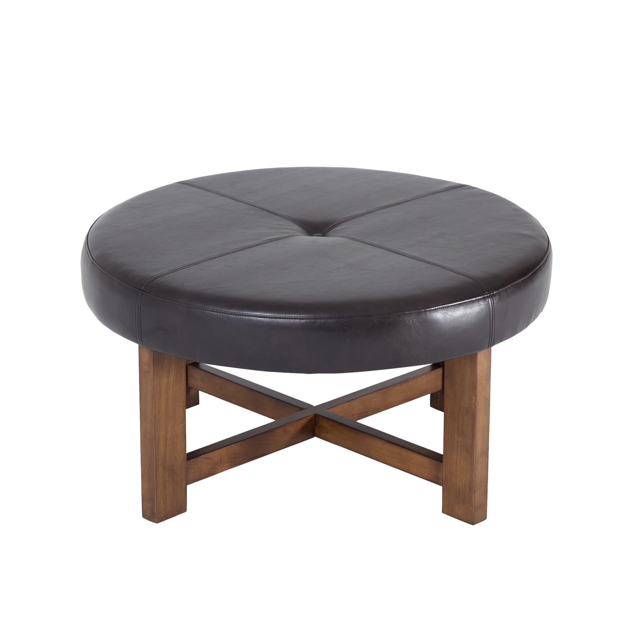 Christopher Knight Home 35" Round PU Leather Ottoman Coffee Table, Tufted Footrest with Wooden Base, Dark Brown