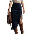 thumbnail image 2 of Women's High Waisted Midi Wrap Skirt Faux Suede Fringe Hem Side Split Asymmetrical Pencil Skirt Elegant Boho Style For Club Party Night Out, 2 of 7