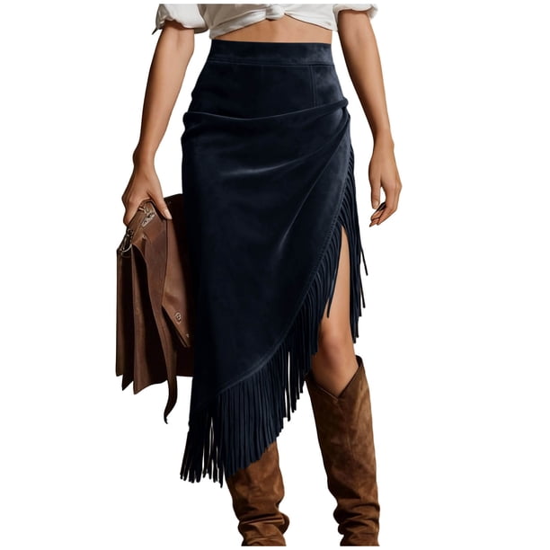 Falda de Franja para Mujeres de Cintura Alta Bodycon Midi Asimétrica Split Western Style