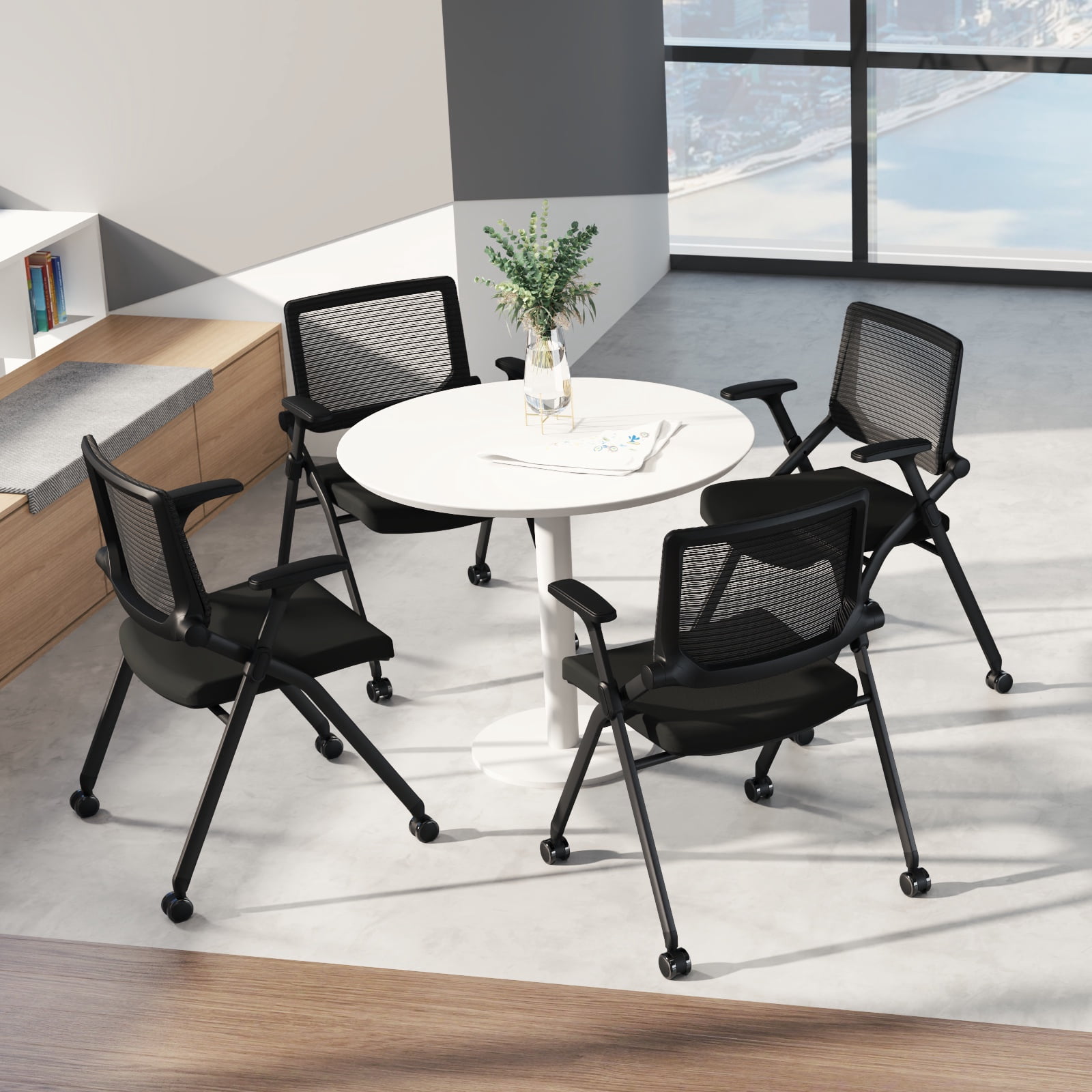 FYLICA Stackable Conference Room Chairs with Wheels and Paddle, Ergonomic Mesh Back and Arms for Meeting, Conference, Reception, Training Room & Home Office Desk Folding Chairs（1 Pack）