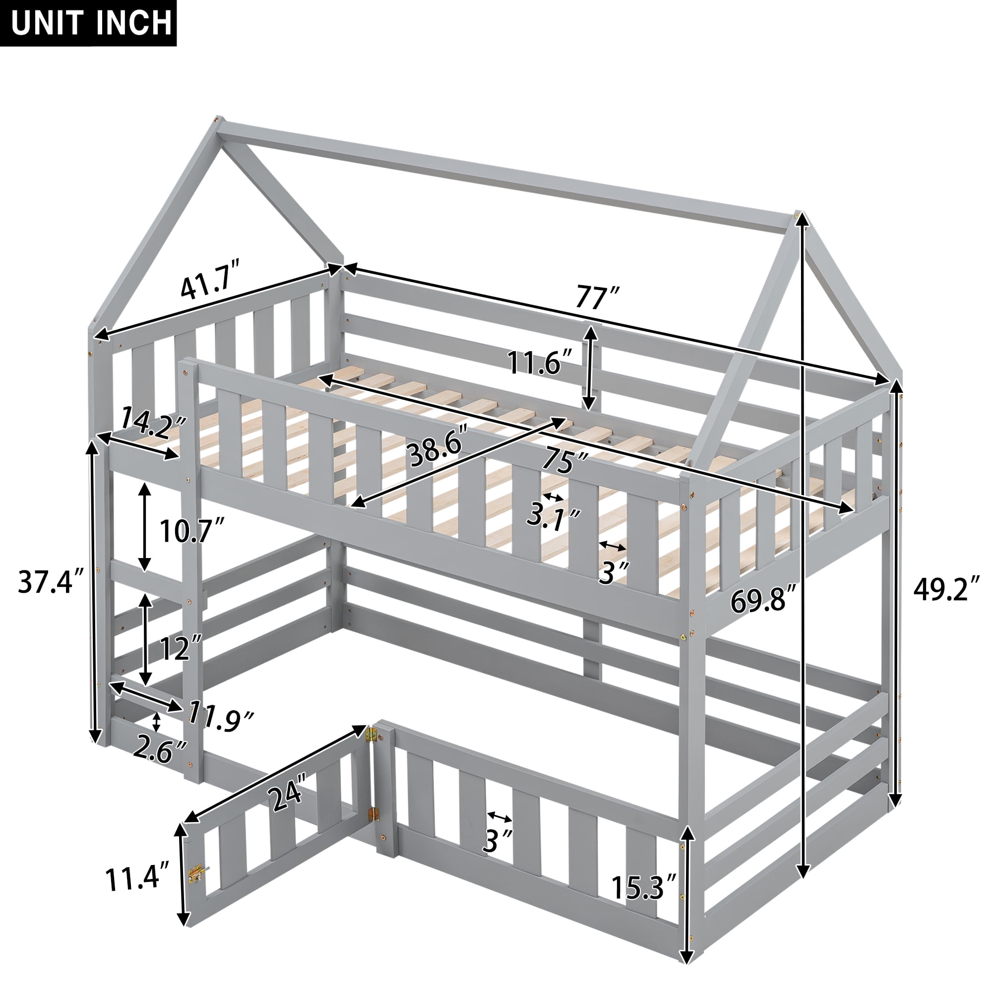 Aukfa Twin-over-Twin Bunk Bed with Fence and Door, Solid Wood House Bunk Bed for Kids Toddy - Gray