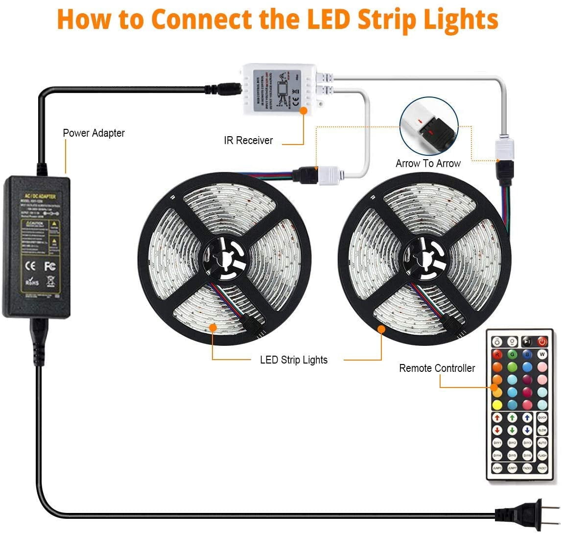 LED Strip Lights, 32.8ft 10m Waterproof Color Changing Light Strip Kit with Remote Controller 12V Power, RGB SMD3528 Rope Light for Room, Bedroom, Kitchen, Yard Decoration
