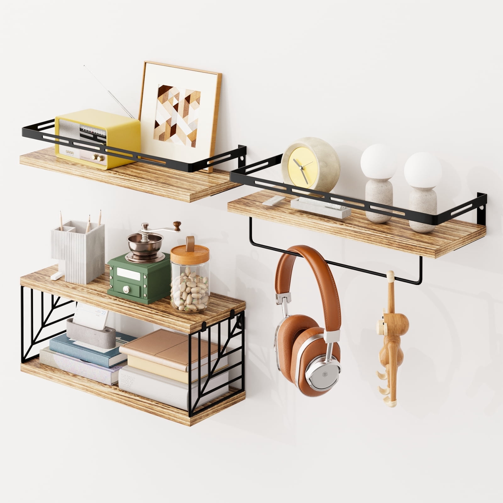 Fairy 4pcs Bathroom Floating Shelves Over Toilet, Wall Shelves with Towel Bar for Bathroom, Living Room (Light Brown)