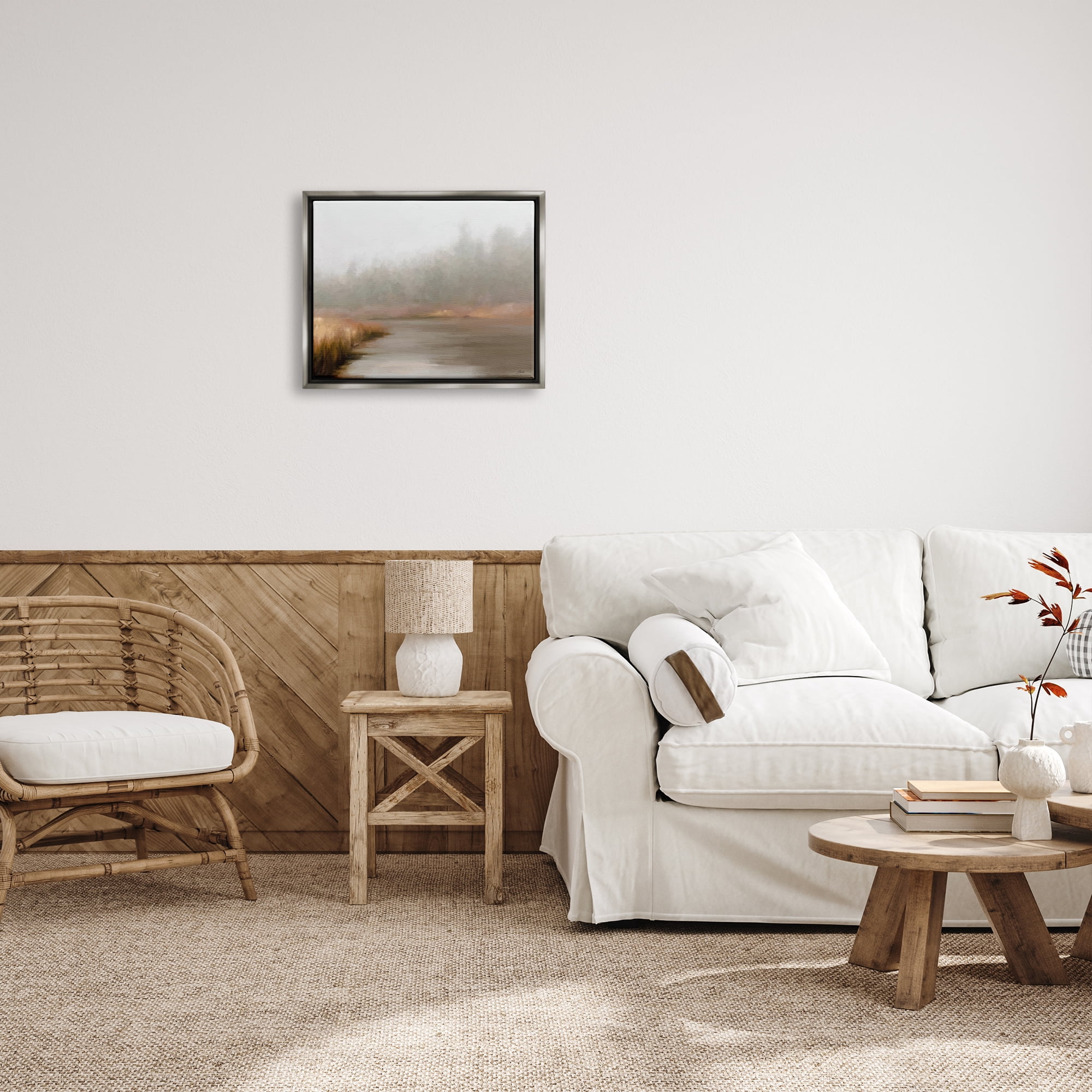 Stupell Industries Rural Stream in Fog Nature Painting Gray Floater Framed Art Print Wall Art, 21 x 17