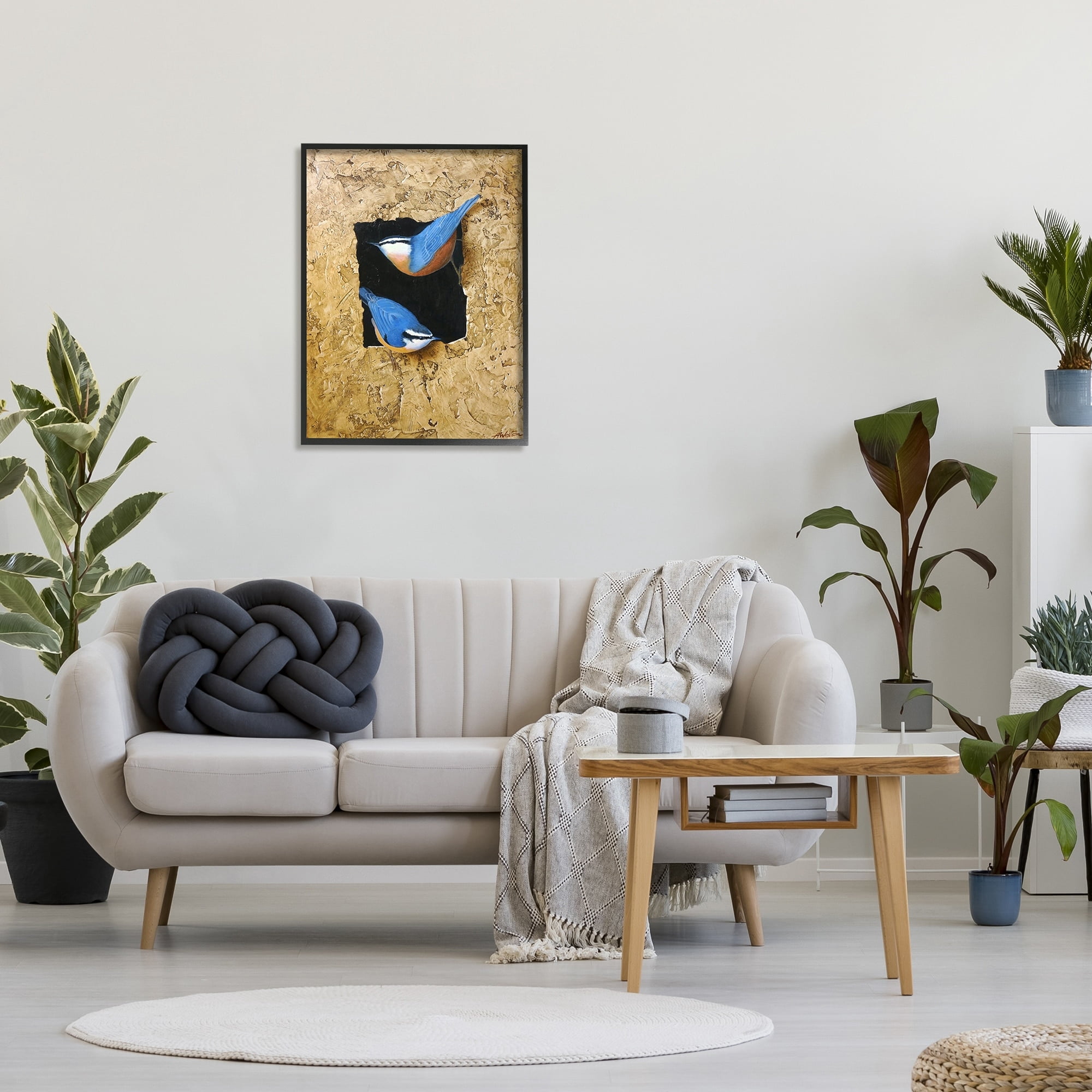 Stupell Industries Blue Bird Pair Perched Rough Layered Structure Painting Black Framed Art Print Wall Art, Design by Alan Weston