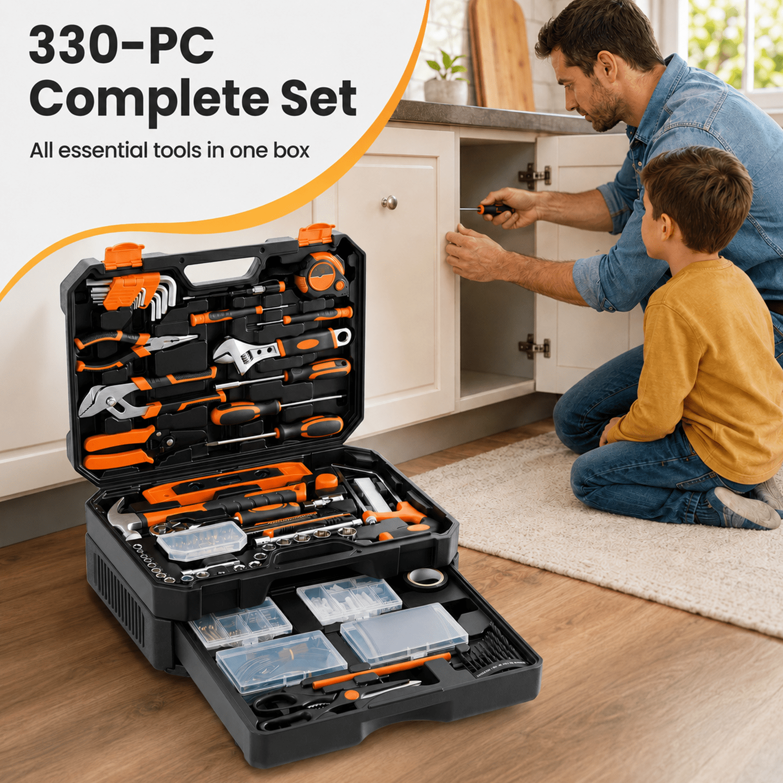 Alvantor 330-PC Home Auto Repair Tool Kit, Toolbox Storage Case with Drawer, General Household Tool Set, Perfect for Diyer, Handyman