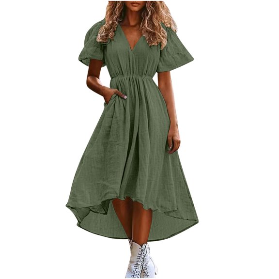 Vacation Dresses Sevevn Women's Summer Long Dresses Short Sleeve Color Block Loose Ribbed Knit Trendy Imitation Cotton And Linen Midi Dress