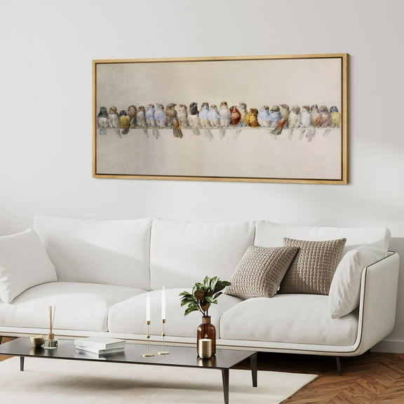 IDEA4WALL Extra Large Framed Canvas Print Wall Art Row of Colorful Birds on Perch Inspired Colorful Artwork Nature Wilderness Antique Retro Fine Art Decorative Relax/Calm for Rooms Decor - 60"x30"