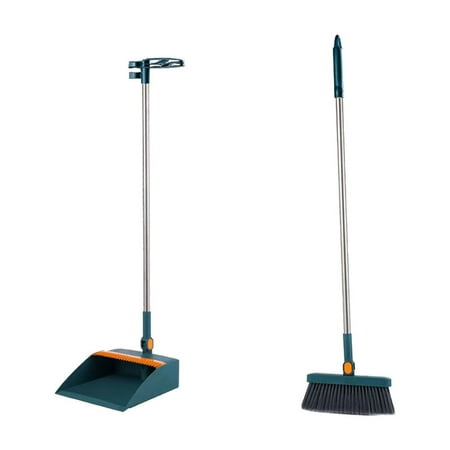 2 Packs 180° Rotatable Broom and Dustpan Set with Scraper Teeth for Pet Hair Foldable Standing Storage for Floor Cleaning Under Bed Sofa Vertical Space Saving Home Kitchen Office