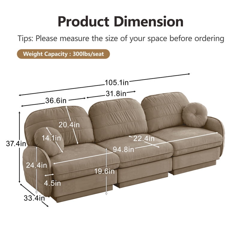 Chenille Modular Sofa, 3-Seater Deep Seat Cloud Couch, Upholstered Sofa with Round Pillows, Quilted Back Cushions & Recessed Base, Modern Sofa for Living Room, Apartment,Coffee