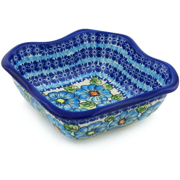 Polish Pottery 8-inch Square Bowl (Bold Blue Poppies Theme) Signature UNIKAT Hand Painted in Boleslawiec, Poland Certificate of Authenticity