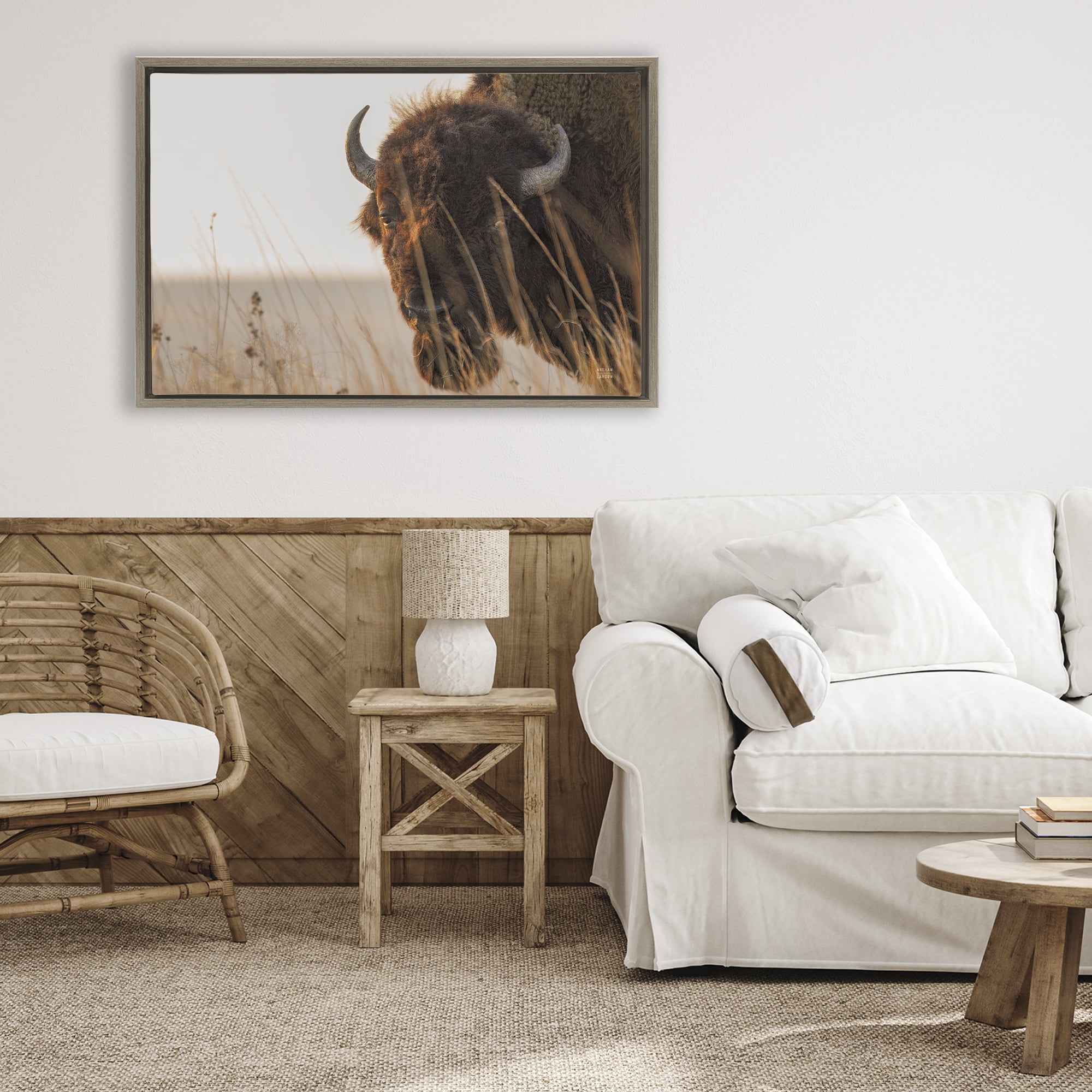 Stupell Industries Bison Sunset on Golden Prairie Brown Framed Floater Canvas Wall Art, design by Nathan Larson