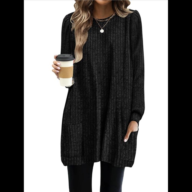 Camisas de Larga para Mujer Suéteres Largos con Bolsillos Tops Tipo Túnica Corte Holgado Negro XL
