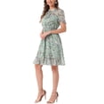 thumbnail image 4 of Vestido de gasa con volantes y mangas cortas de línea A con fruncido floral para mujer XS verde claro, 4 of 6