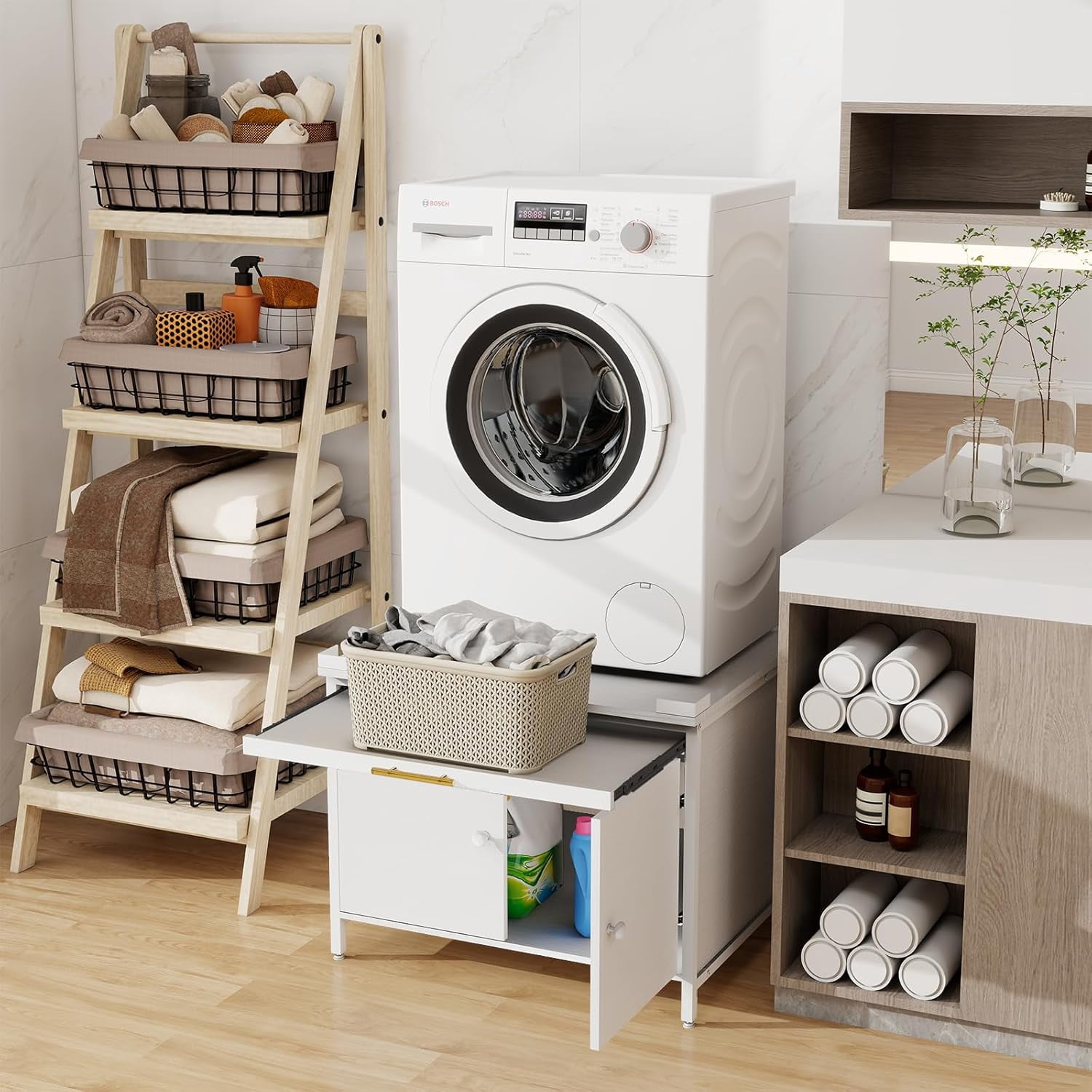 Laundry Pedestal for Washer and Dryer, 29" Universal Washing Machine Stand with Adjustable Feet, Fit Anti-Vibration Design with Telescopic Laundry Basket Shelf, 700 LBS Capacity, White