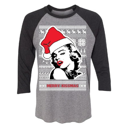 Marilyn Monroe Xmas Merry Christmas Marilyn Monroe Sexy Funny Ugly Sweater 3/4 Raglan Tee Black Heather Grey Small ()