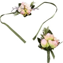 2pcs Rose Wrist Corsage Boutonniere set Pink Artificial Bridal Wrist Flower Wedding Bride Bridegroom Bridesmaid Wristband Silk Bracelets Flowers Decor for Wedding Prom Party