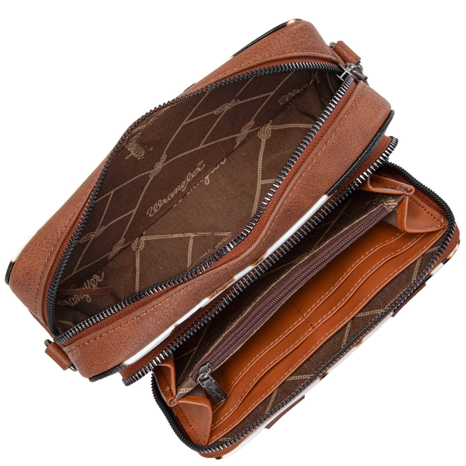 Wrangler Cow Print Crossbody Bag for Women Western Cowgirl Crossbody Purses with Guitar Strap, Brown