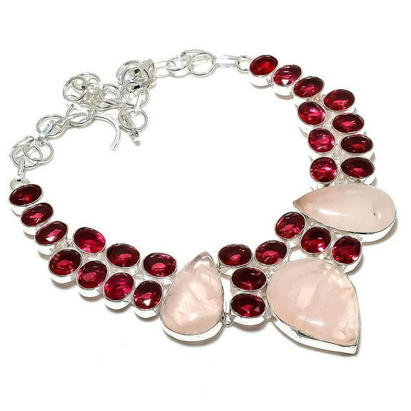 Natural Rose Quartz,Garnet Handmade 925 Sterling Silver Gift Necklace 18"