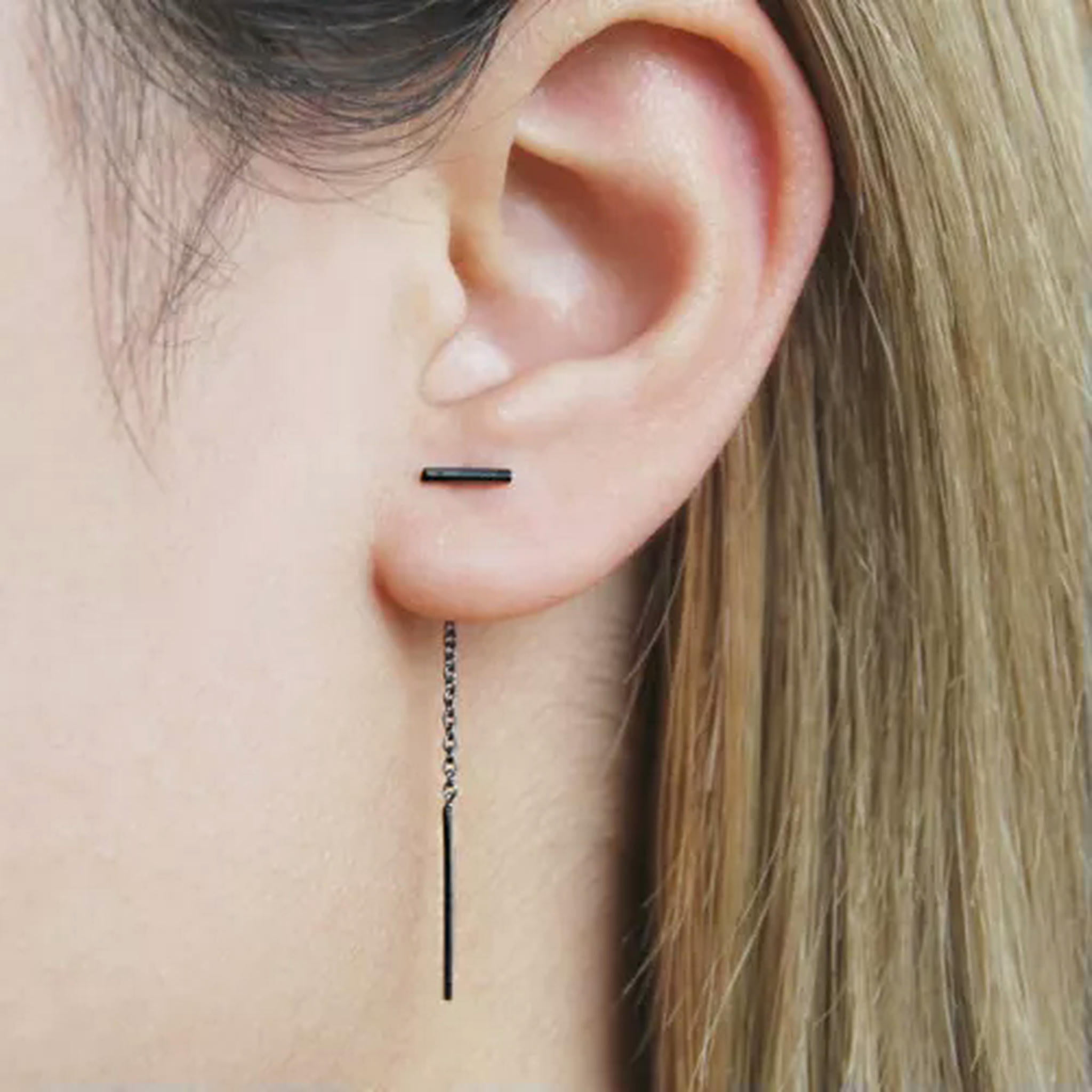 QQTDFG 925 Sterling Silver Simple Small Bar Threader Line Thread Earrings Women A1632-Black