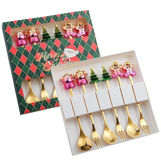 6Pcs Christmas Spoons and Forks Set Santa, Reindeer Tea Spoons and Dessert Forks Stainless Steel Stirring Spoons Decor Gift for Christmas Party, New Year Green Package Box