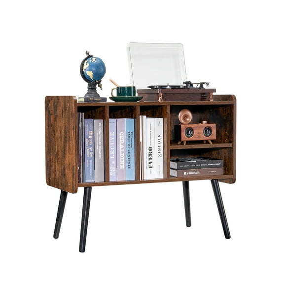 Record Player Stand 2 Tiers Wooden Turntable Stand with 3 Cabinets Brown