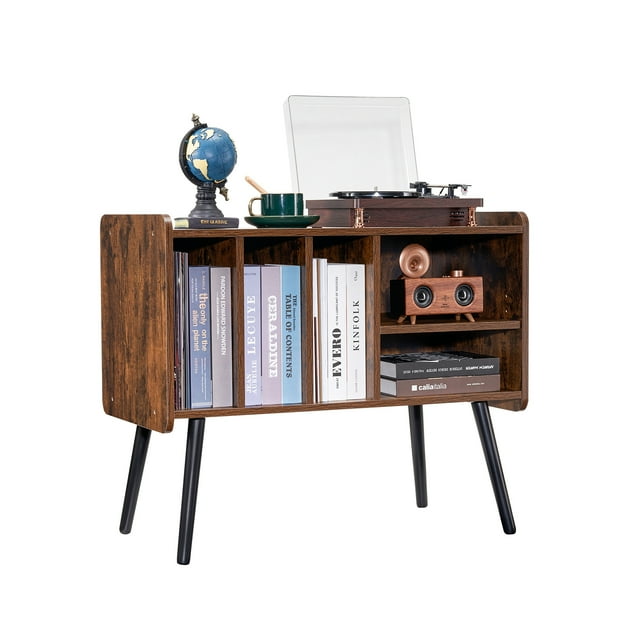VEVOR Soporte para tocadiscos de madera de 2 niveles con 3 gabinetes, color marrón