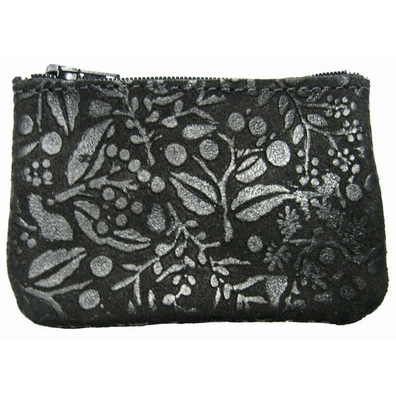 Floral Design Leather Zippered Coin Pouch Change Holder USA Made, Black