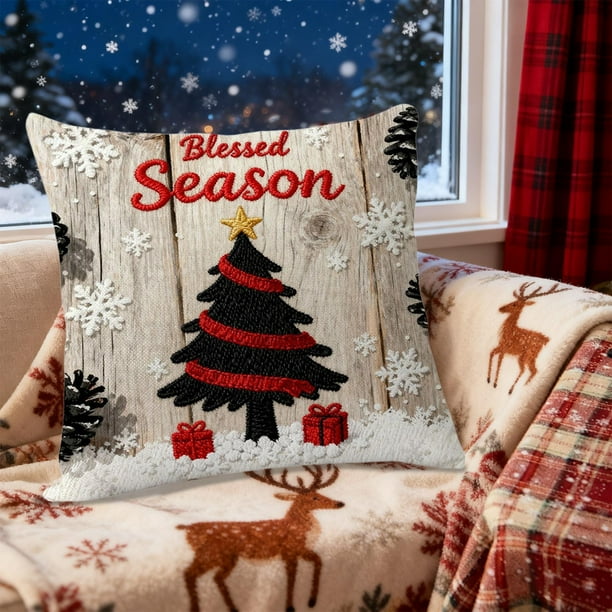 Funda de almohada de lino, decoración navideña, funda de almohada navideña, decoración navideña, decoración de sofá, funda de almohada de lino para sofá de casa, decoración navideña, 45 x 45 cm, decor