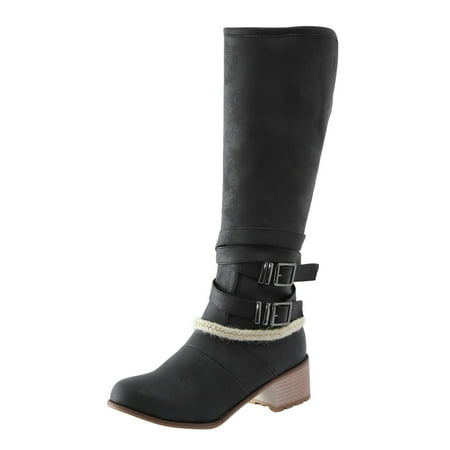 

nsendm Extra Wide Calf Boots for Women plus Size Leather Womens Shoes Round Toe Belt Womens Mid Calf Boots Size 8.5 Black 9