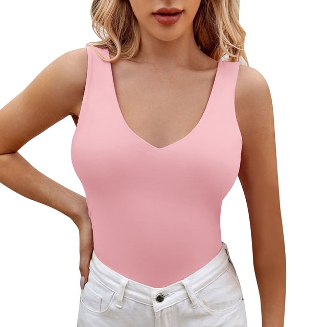 Gibobby Verano mujer sin mangas Sexy cuello en V profundo Color sólido camiseta sin mangas Casual Slim chaleco blusa(Rosa,M)
