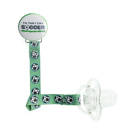 White & Green Im Told I Like Soccer Pacifier Clip