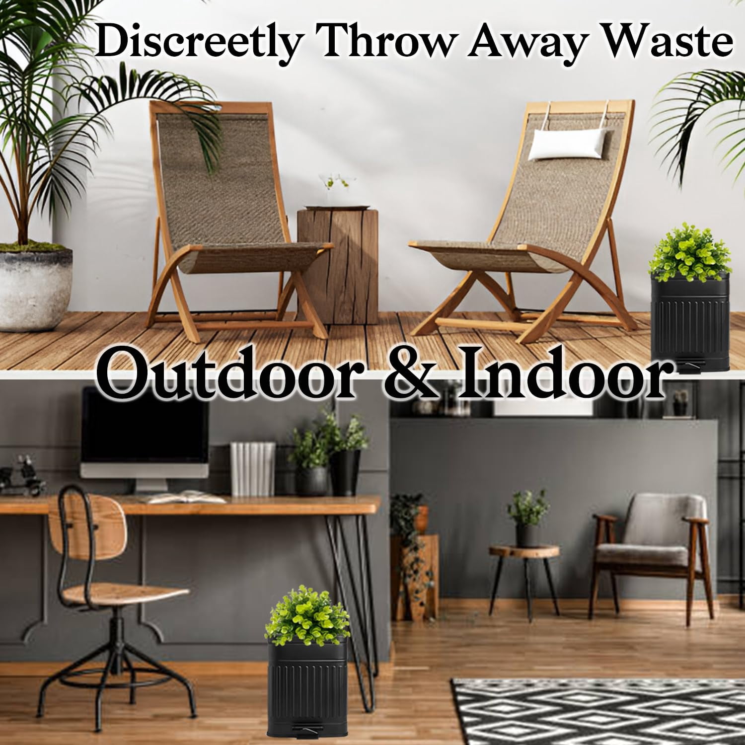 Small Trash Can with Lid, Plant-Styled Outdoor Dog Poop Trash Can Outside, Farmhouse Retro Metal Garbage Can for Bathroom Office, Dog Waste Container with Pedal, Soft Close, 5L/1.3 Gal, Black