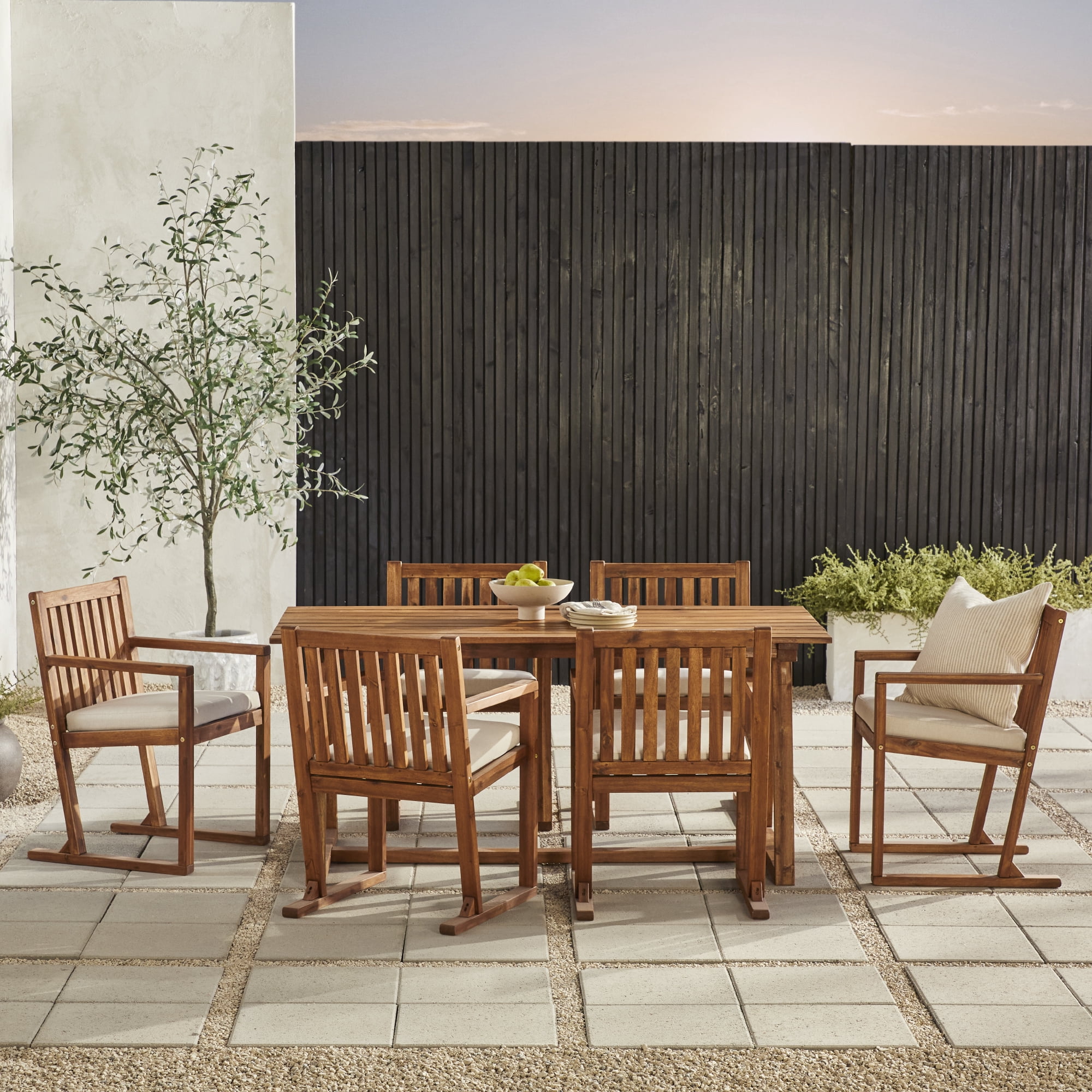 Walker Edison Modern 7-Piece Solid Wood Outdoor Dining Set, Brown