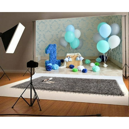 Image of GreenDecor 1st Birthday Boy Backdrop 7x5ft Colored Balloons Paperflowers Party Decorrations Damask Wallpaper Basket Marble Floor Children Kids Toddler