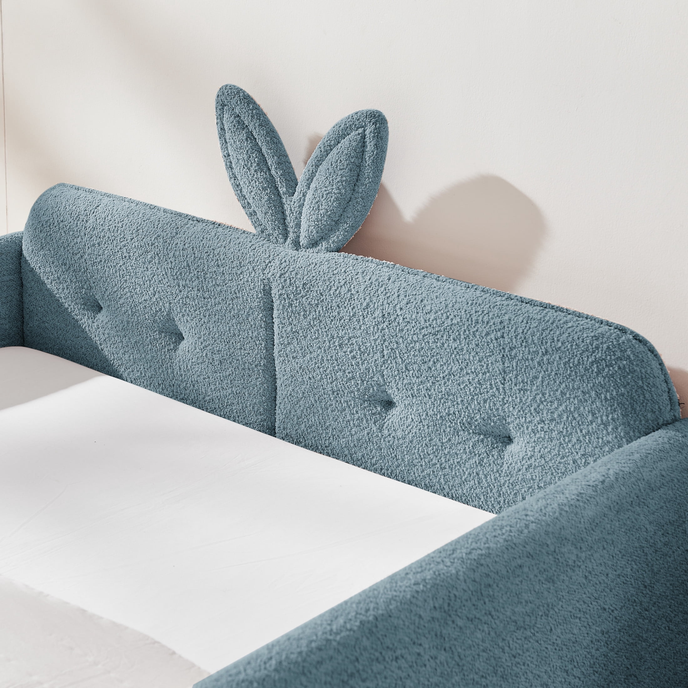 Noble House Ciara Full Boucle Upholstered Platform Bed, Cute Rabbit Ear Headboard Bed with Safety Guardrail, Sky Blue