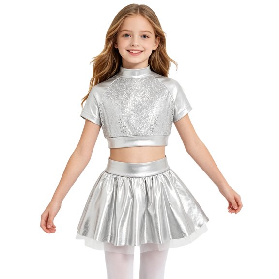 Aiihoo Kids Girls Jazz Dance Performance Outfit Mock Neck Short Sleeve Sequins Metallic Shirt Crop Top with Shiny Tutu Skirt Streetwear Silver 6