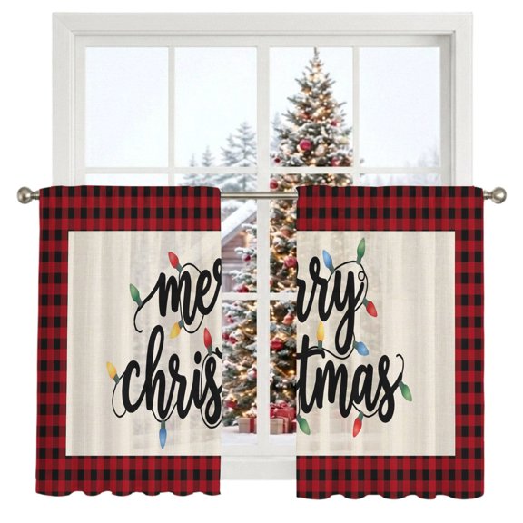 Merry Christmas Sheer Curtains 45 Inches Long 2 Panels, Minimalist Xmas Lights Red Black Buffalo Plaid Semi Sheer Rod Pocket Window Curtains Light Filtering Drapes for Living Room Bedroom
