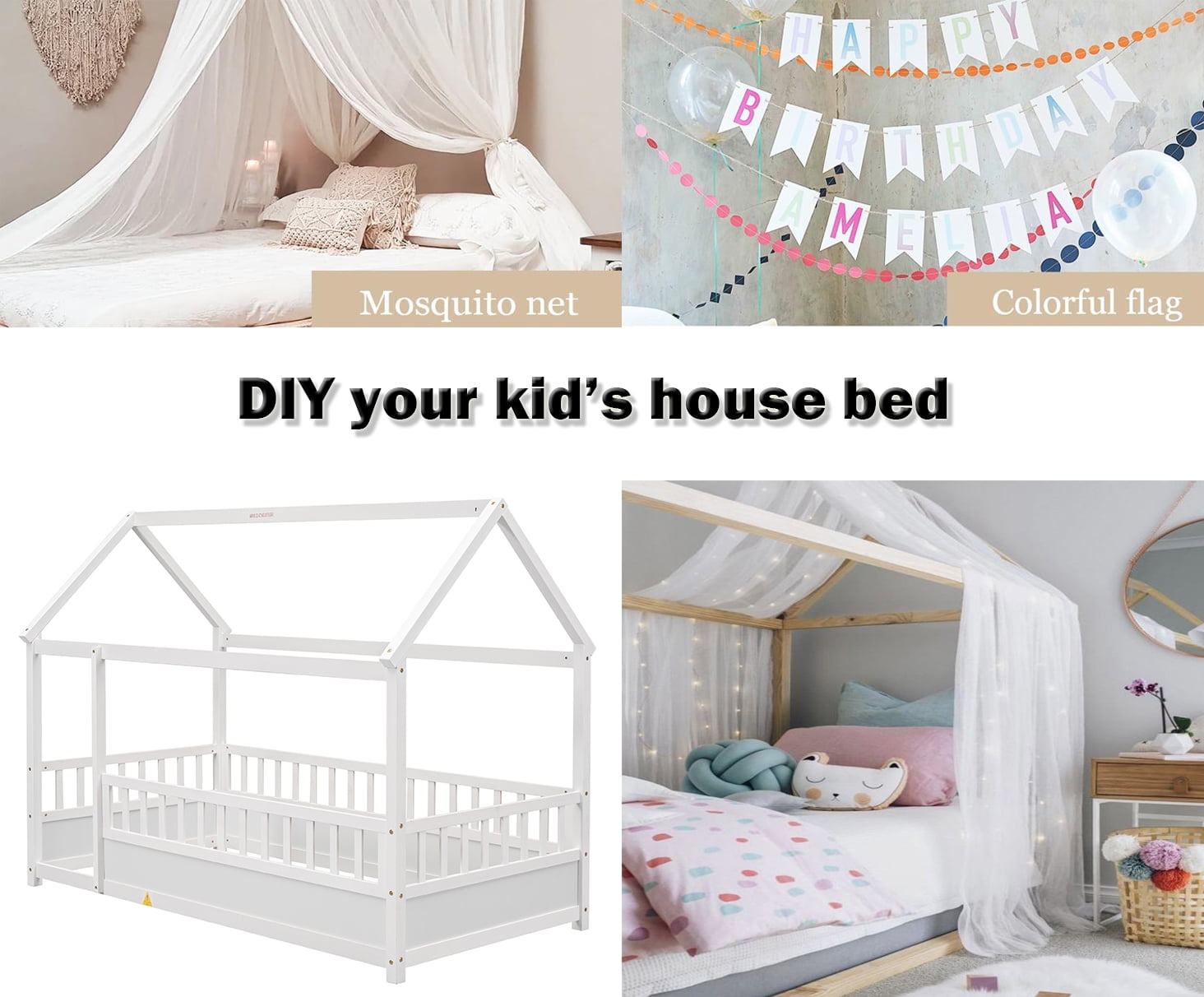 Bellemave Twin Size House Floor Bed with High Fence Guardrails Wooden Playhouse Bed Frame Twin Floor Bed with Roof Montessori House Bed Frame (Twin, White)