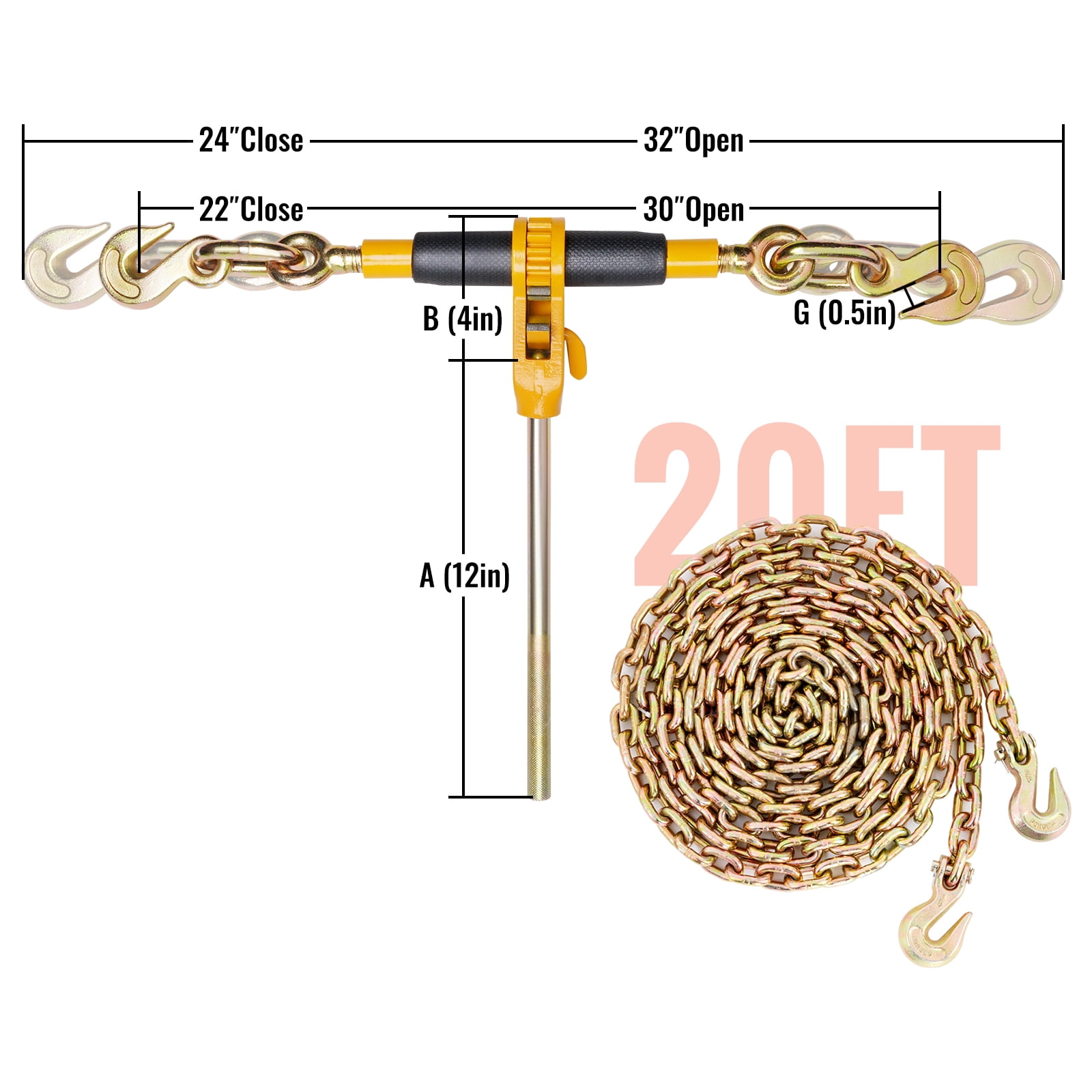 KFFKFF Chain Tightener, 5/16"-3/8" Robust Load Securing Binders, Equipped with G80 Chains for 7100 lbs Maximum Load, Ergonomic Anti-slip Handle, 2pcs