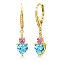Gem Stone King 18K Yellow Gold Plated Silver Swiss Blue Topaz Pink and White Lab Grown Diamond Drop Dangle Earrings for Women (3.53 Cttw, Heart Shape 7MM, Round 4MM)