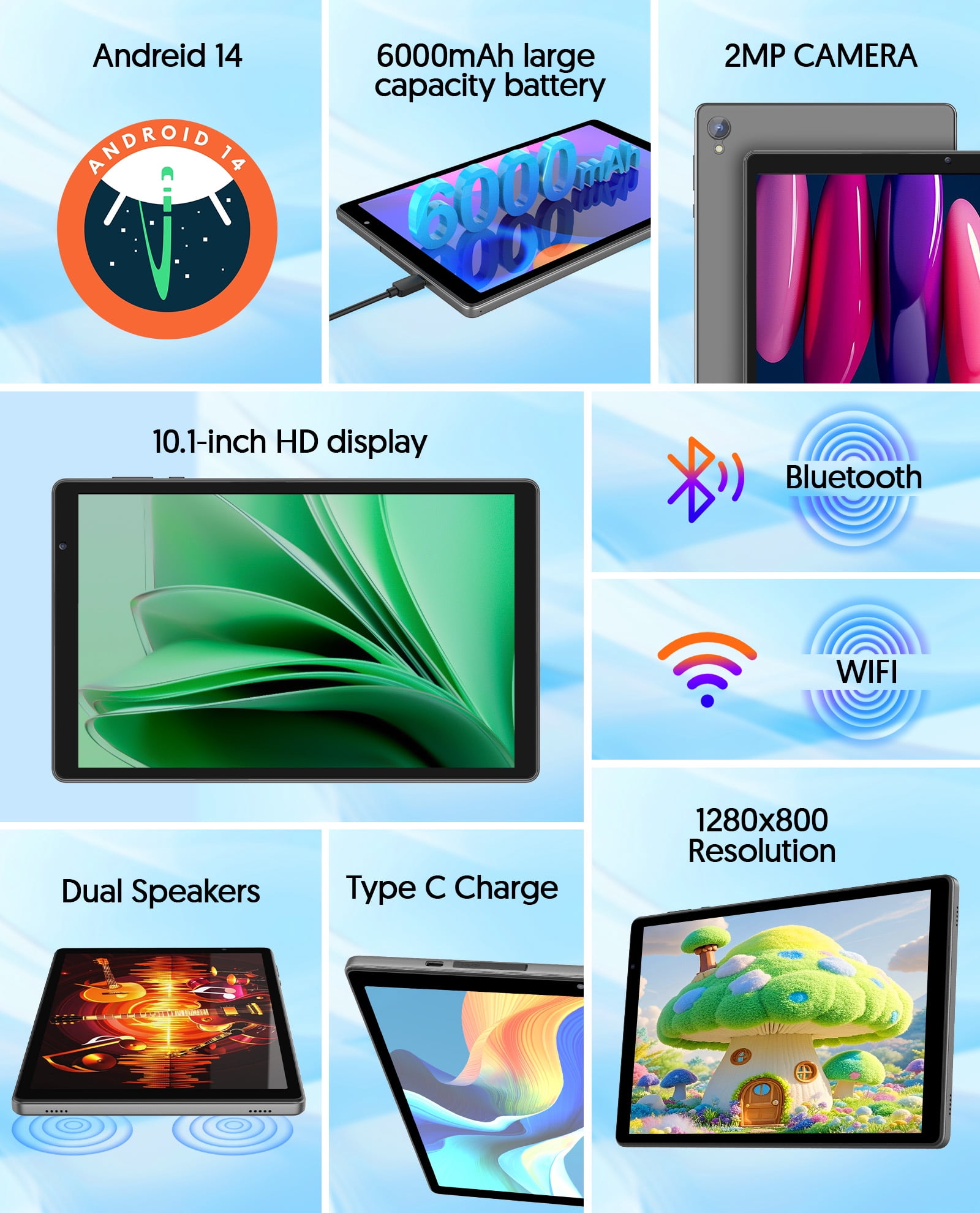 Android Tablet, 10 inch Android 14 Tablet, Quad-core CPU, RAM 4GB（2G+2G）, ROM 32GB (Up to 1TB), 800x1280 IPS, WiFi 6, 2MP+2MP, 6000mAh, Grey